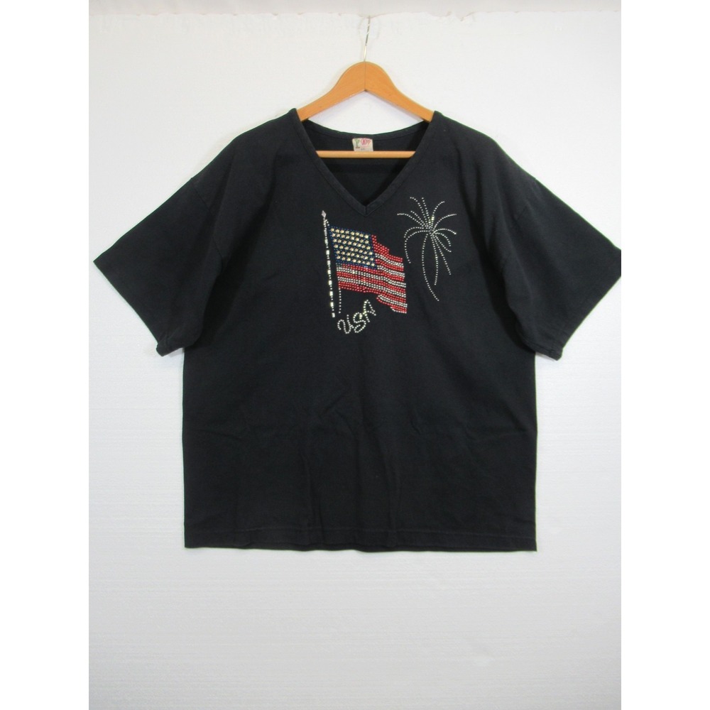 Vtg Cactus California Rhinestone Fireworks T-Shirt 2XL Black Patriotic USA Flag